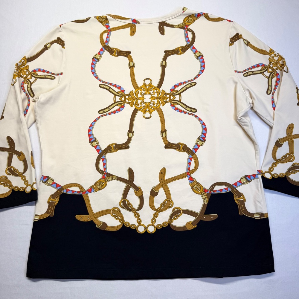 J McLaughlin Catalina Cloth Equestrian Horse Bit Chain Print Top XL Preppy - Picture 3 of 8